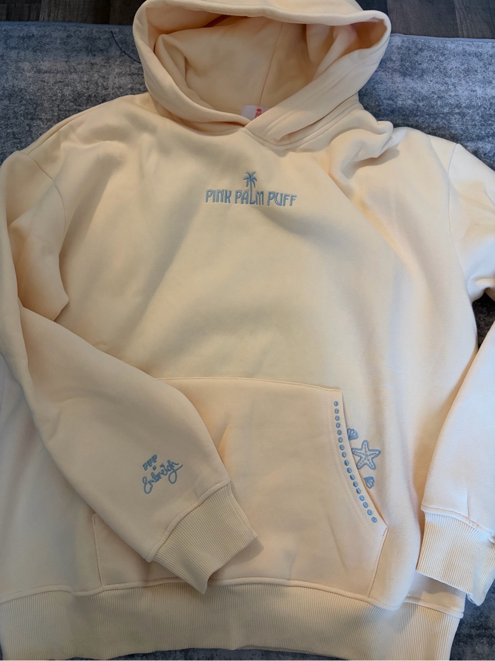 Pink Palm Puff Live in the Moment" Hoodie in Sand